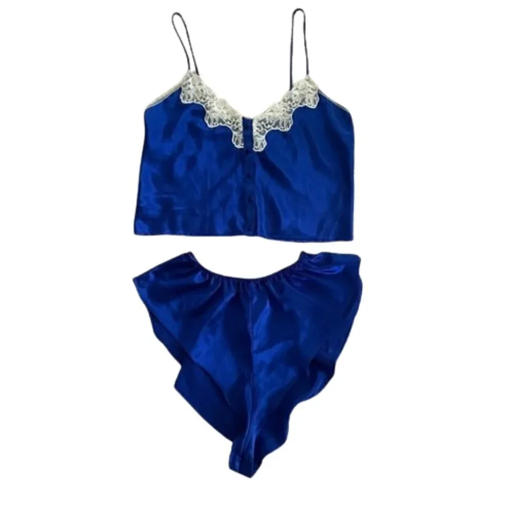 Victoria's Secret Gold Label Satin Silky Blue Vintage set Cami Tap Short M Med